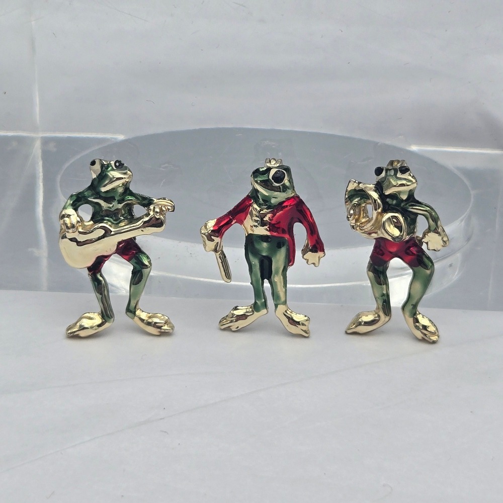Frog Music Band Enamel Brooch Set of 3 Green Red Gold‎ Novelty Pins Quirky